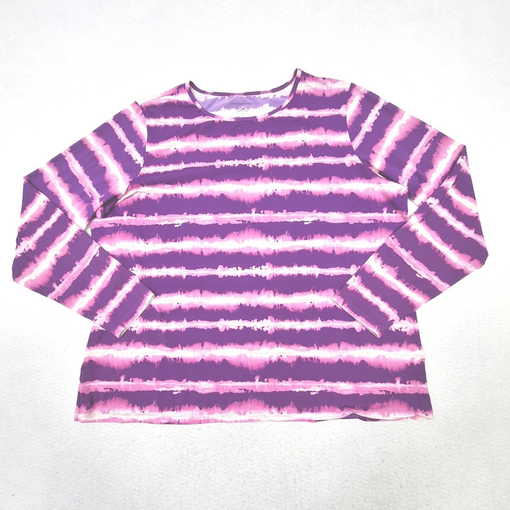 Lands End Top Womens 1X Purple Tie Dye Striped Long Sleeve Crew Neck 466318